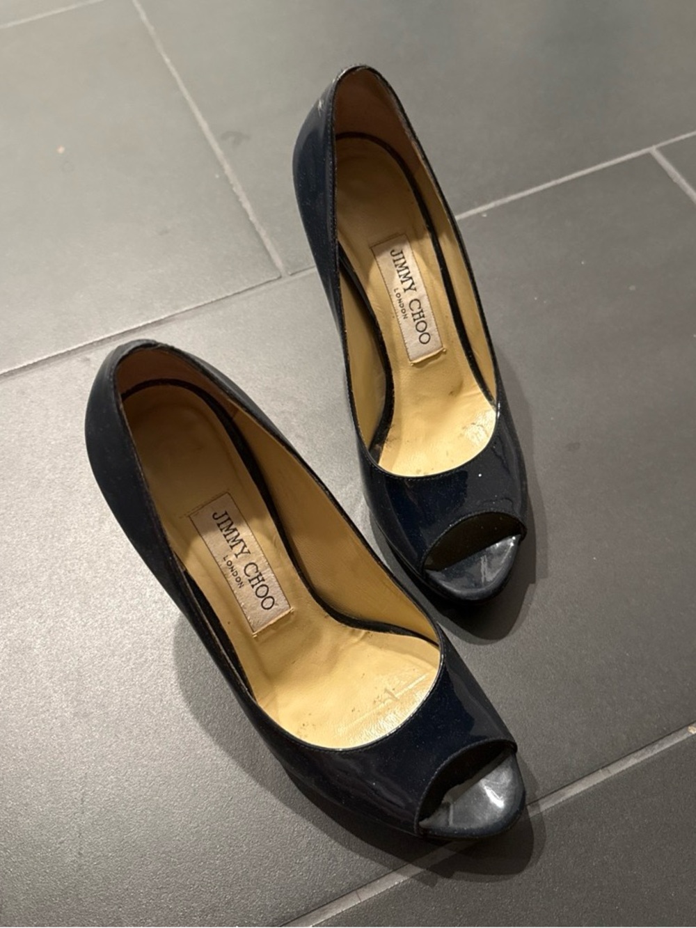 Jimmy Choo Patent Navy Peep Toe Heels